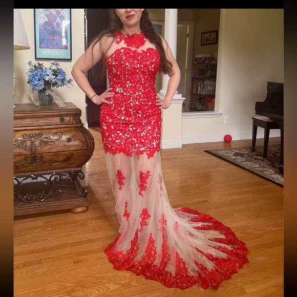 Red & white lace dress / formal unique long gown with train. Hebeos brand, size8 - Picture 4 of 6